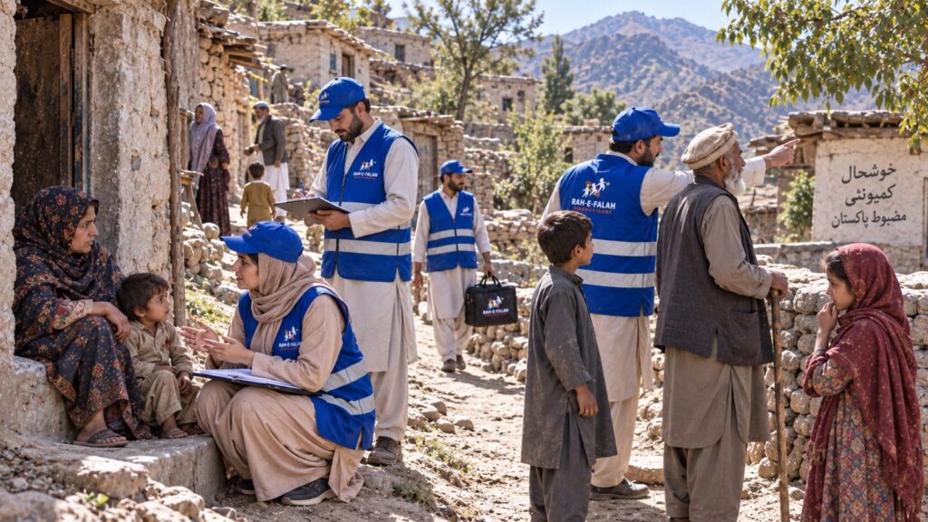 Volunteers meeting families in a village