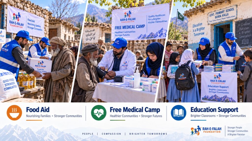 Collage showing food aid, a medical camp and education support
