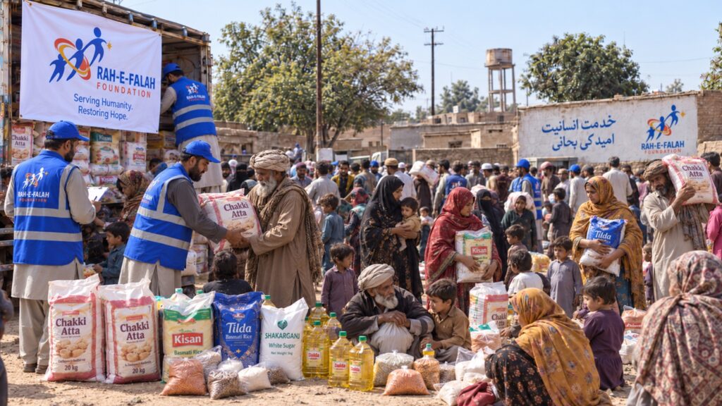 Food support scene with flour rice oil and pulses