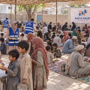 Volunteers serving a community meal to families