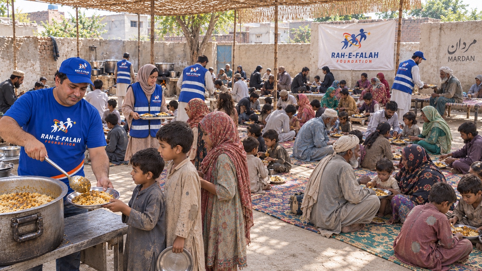 Volunteers serving a community meal to families